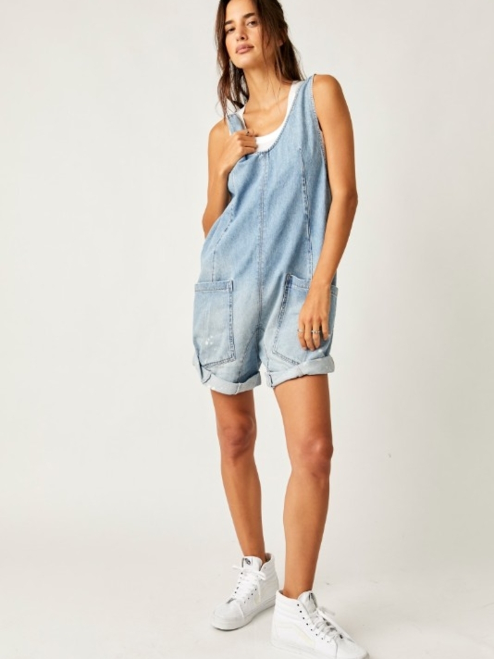 NWOT We The Free Light Blue Denim Women’s Romper Shorts - Casual Pocket Overalls - Picture 2 of 6